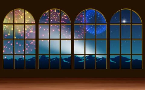 View of colorful firework on the mountain at windows Stock Illustration