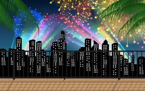 View of colorful light and firework in the city Stock Illustration
