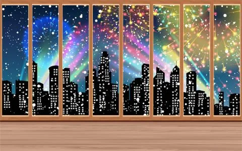 View of colorful light and firework in the city at windows Stock Illustration