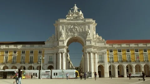 View from Commerce Square of Rua Augusta Arch and people passing by Stock Footage 118071948