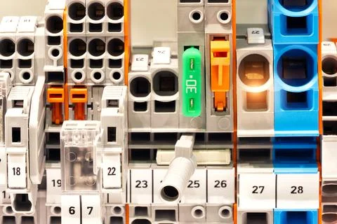 View of communication port module on PLC unit in control box of automation ma Foto stock