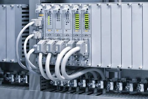 View of communication port module on PLC unit in control box of automation ma 스톡 사진