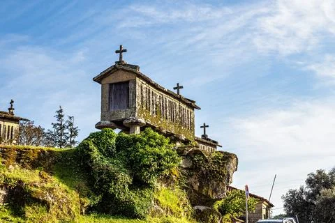 View of the communitarian granaries, called espigueiros, in the village of So Stock Photos
