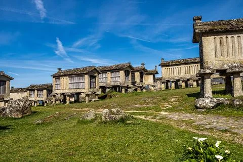 View of the communitarian granaries, called espigueiros, in the village of Li Stock Photos