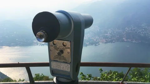 View of the como lake from brunate sightseen with spyglass Stock Footage 118648646