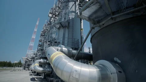 View of the complex equipment of an oil refinery plant Stock Footage 139266650