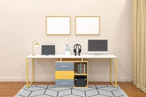View of a computer and laptop over the working desk in a room - 3D rendering Illustrazione stock
