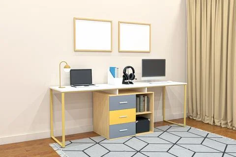 View of a computer and laptop over the working desk in a room - 3D rendering Illustrazione stock