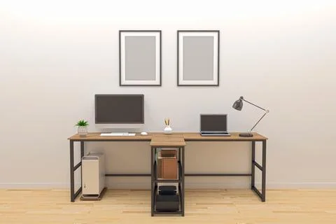 View of a computer and laptop over the working desk in a room - 3D rendering Foto stock