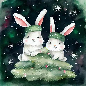View of computer generated rabbits on Christmas tree Illustrazione stock