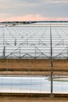 View of the concentrators and solar panels of the solar thermal power plant Stock Photos