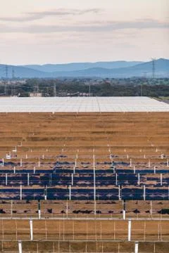 View of the concentrators and solar panels of the solar thermal power plant Stock Photos