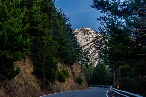 A view of a concrete road in the Pyrenees mountains with evergreen trees on t Stock Photos