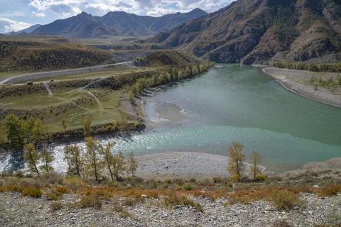 View of the confluence of the two rivers Katun and Chuya. Altai mountain, Russia Stock Photos