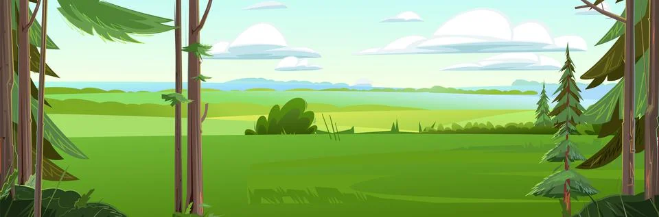 View from the coniferous forest to rural fields.. Beautiful summer landscape  Stock Illustration