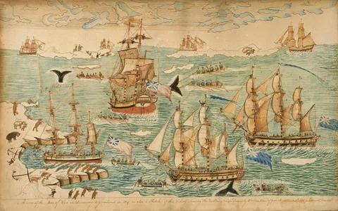 A view of the conquerors with their sailing ships on a voyage of discovery to Ilustração Stock