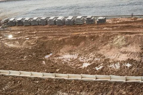 View to  the construction of the road type. Box of future sewerage. Stock Photos