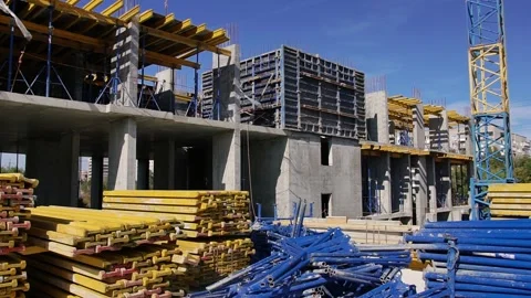 View of the construction site with building materials Stock Footage 240632097
