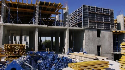 View of the construction site with building materials Stock Footage 242590490