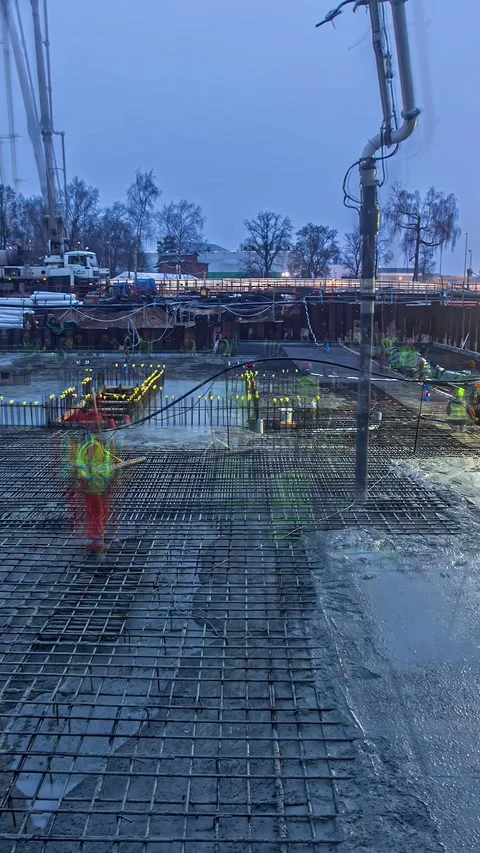 View of construction site with rebar and concrete pump in Latvia. Stock Footage 339900512