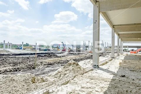 View on construction site, unfinished modern edifice Stock Photos