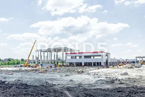 View on construction site, unfinished modern edifice Stock Photos