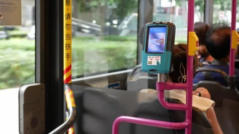 View to contactless emv card reader at the exit door on the bus public tran.. Stock Footage 249665957