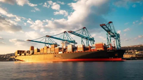 View of a container ship being loaded by cranes in Rijeka, Croatia. Stock Footage 339917184