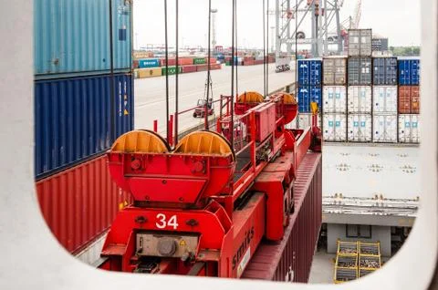 View from container ship at the Container Terminal Buchardkai in Hamburg Stock Photos