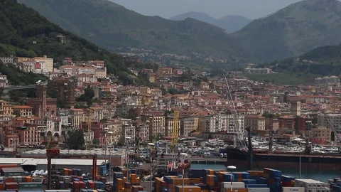 View of container terminal and port in sunny day. Stock Footage 124668438