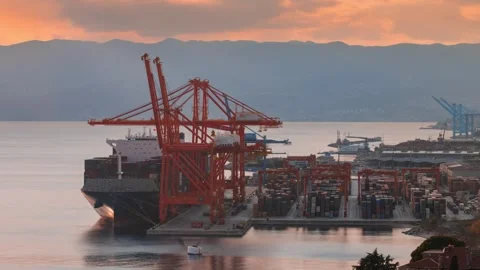 View of container terminal at sunset in Rijeka, Croatia. Stock Footage 339917161