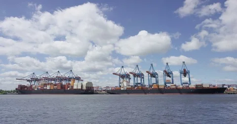 View of containerships at container terminal Hamburg, Germany Stock Footage 76935310