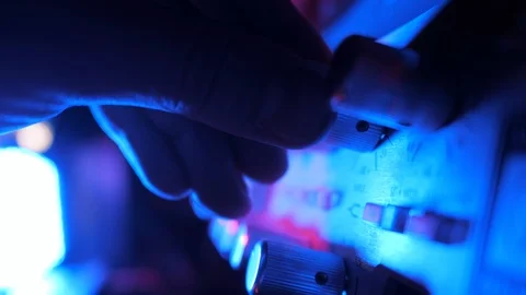 View of the control panel on a guitar amplifier. Tumblers, knobs and buttons 스톡 동영상 92521866