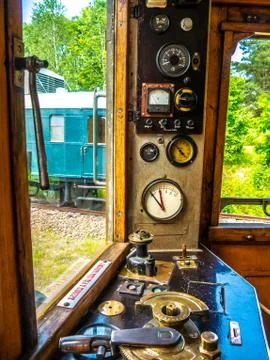 View on the control panel of a retro train in Szentendre Stock Photos