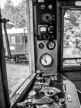 View on the control panel of a retro train in Szentendre Stock Photos