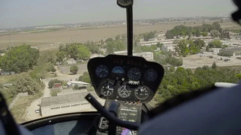 View At Control System, Pilot Hold Lever Of Helicopter. Camera Inside. Pilot Stock Footage 80387991