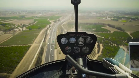 View At Control System, Pilot Hold Lever Of Helicopter. Camera Inside. Pilot Stock Footage 80388403