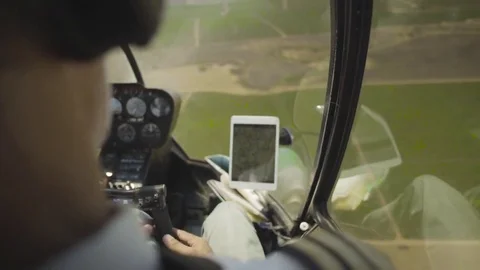 View At Control System, Pilot Hold Lever Of Helicopter. Camera Inside. Pilot Stock Footage 80388582