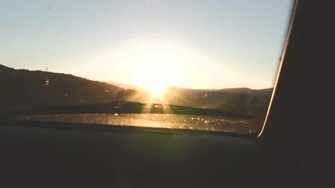 VIEW OF COPILOT IN A CAR WATCHING THE SUNSET BETWEEN THE TREES Stock Footage 96383297