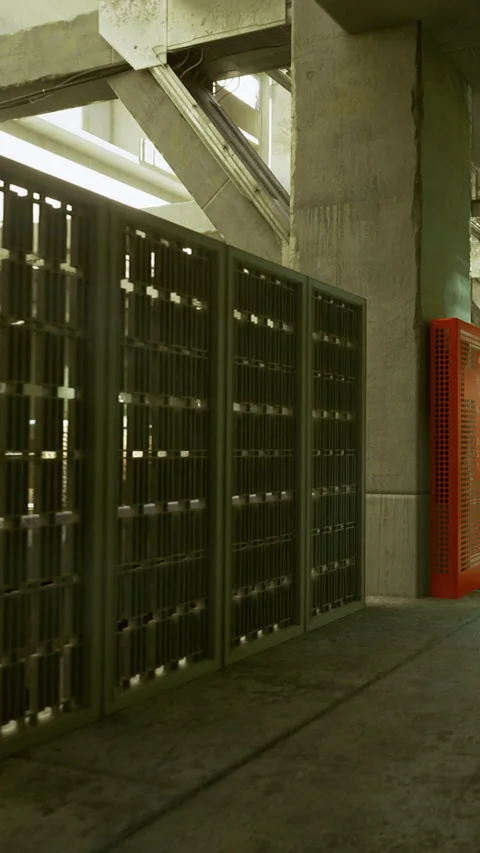 View of a corridor with metal bars and concrete walls in an indoor building Stock Footage 339939920