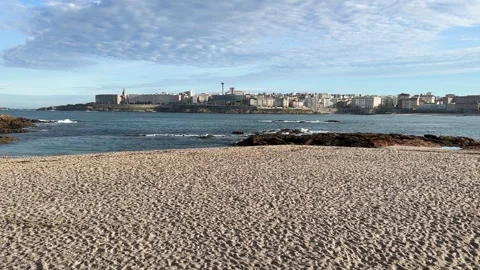 View of A Coruna from Riazor beach Stock Footage 256106619