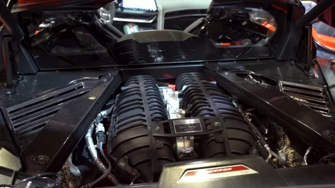 View of Corvette sports car engine inside rear compartment. Toronto, Canada - Stock Footage 330625199