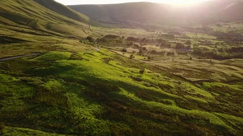 View of countryside in Edale at sunset, Peak District National Park, Derbyshire, Stock Footage 81329754