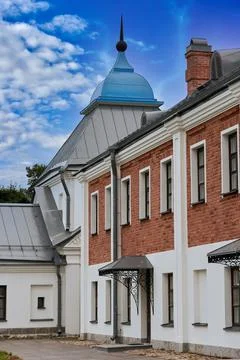 View of the courtyard of the Konevsky Monastery Stock Photos