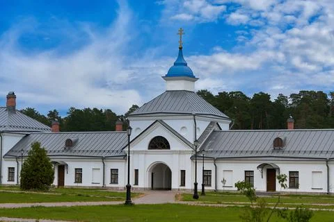 View of the courtyard of the Konevsky Monastery Stock Photos