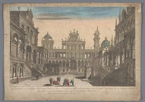 View of the courtyard of a structure; Vue d un Superbe Edifice. At the top... Foto stock