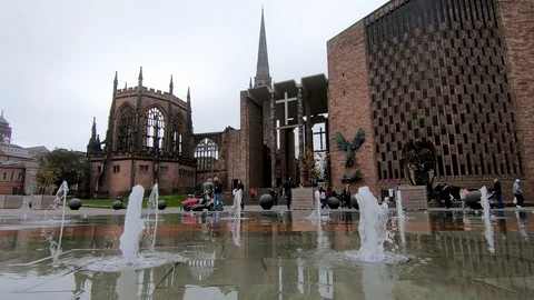 View of Coventry Cathedral Through Fountain Water Feature Stock Footage