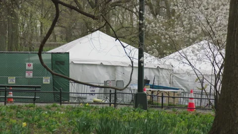 View of covid testing center tents and site in nyc Stock Footage 251195327