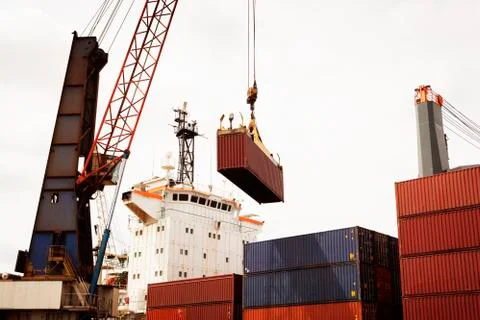 View of crane loading container 写真素材