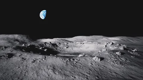 View of a crater on the lunar surface with a view of the earth and the sun Vídeo Stock 326182112